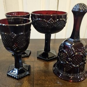 Vintage Ruby Red Avon Cape Cod Glasses/Bell (4 Pieces)